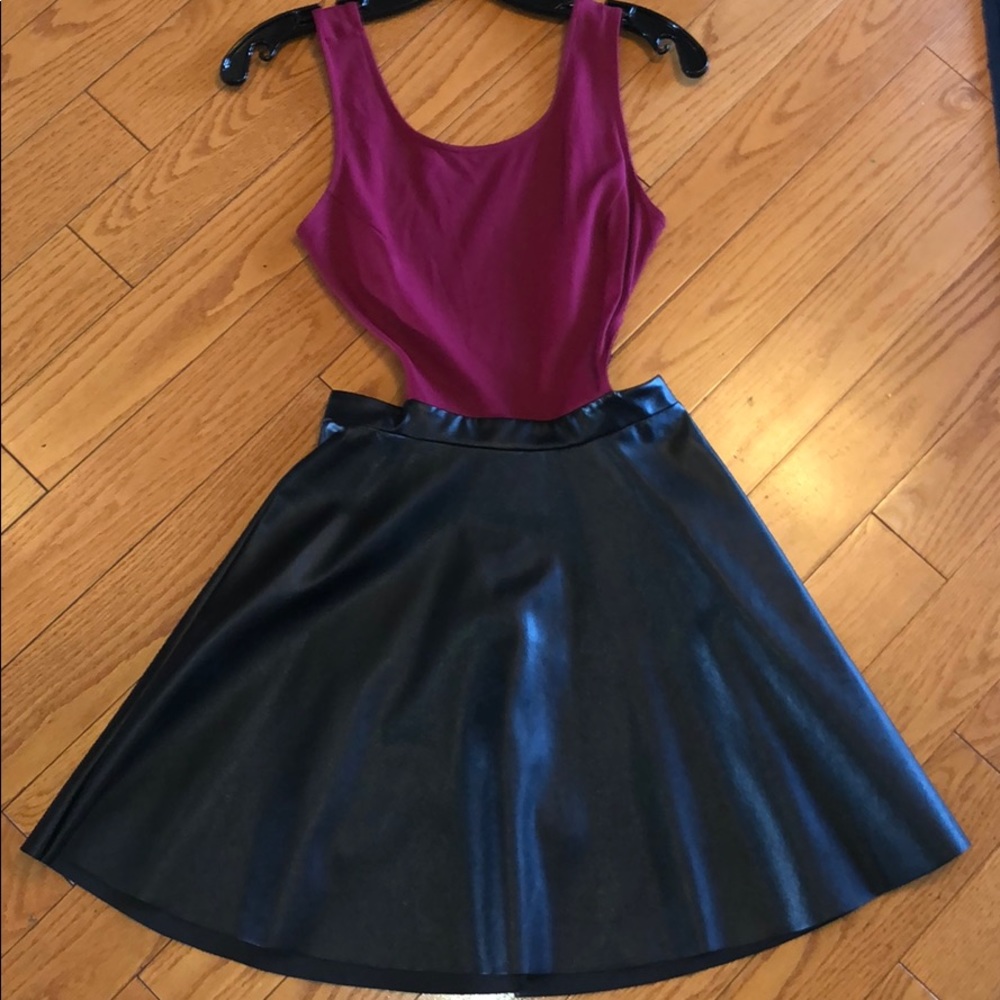 Open-back maroon top & leather skirt dress